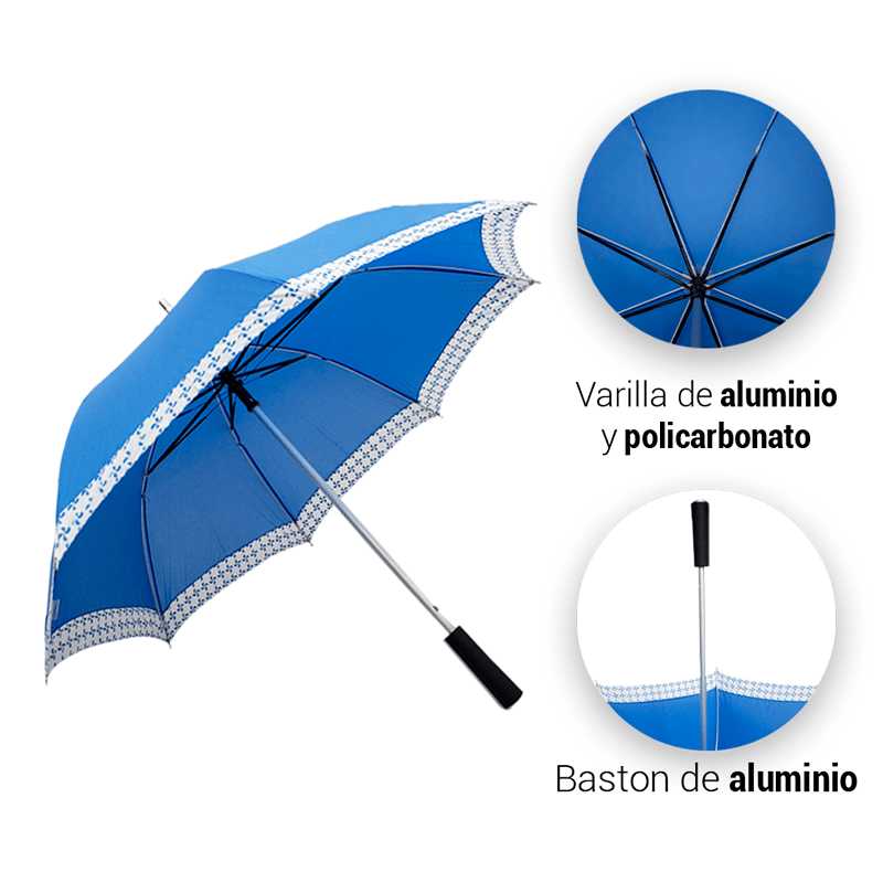 Paraguas Bastón Semiautomático Azul Orilla Floreada Punta Policarbonato Flexible