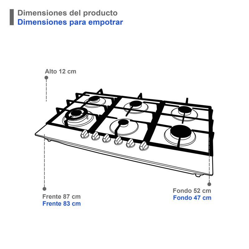 Parrilla de gas empotrable de 6 quemadores SUPRA DIAMOND GLASS de 87cm con cubierta de cristal templado negro