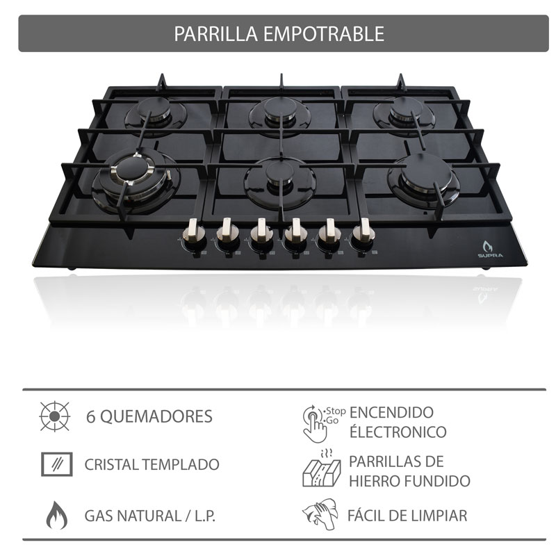 Parrilla de gas empotrable de 6 quemadores SUPRA DIAMOND GLASS de 87cm con cubierta de cristal templado negro