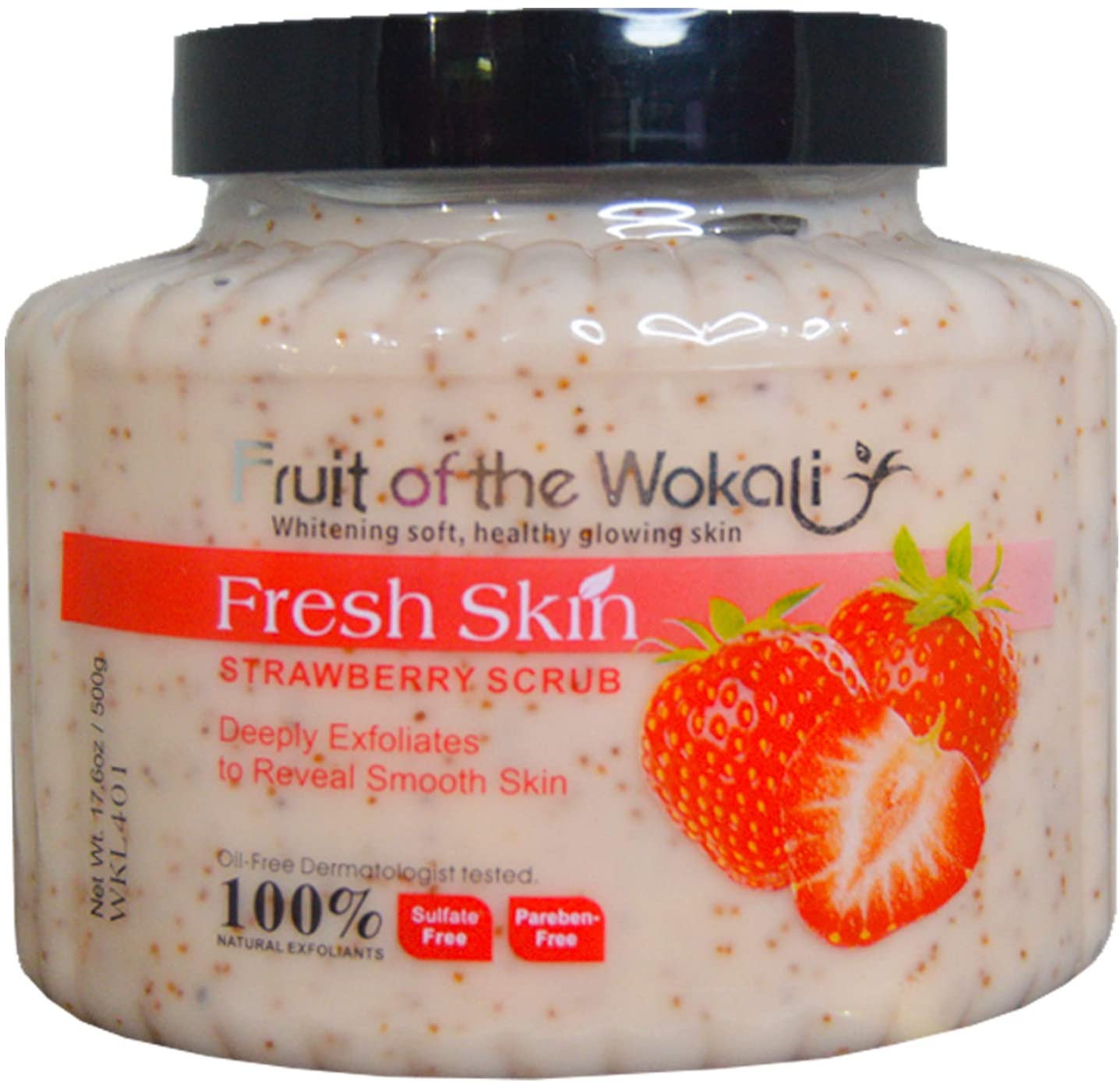 Fruit of The Wokali Exfoliante Facial y Corporal Natural de FRESA Ultra Hidratante, Sin sulfatos ni Parabenos - Exfolia e Hidrata Suavemente la Piel del Cuerpo y Cara, Exfoliante de ducha - Unisex 500g (18oz)