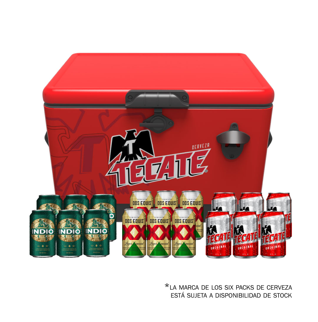 Hielera 30 litros Tecate Aguila en frente con 3 six packs de Regalo