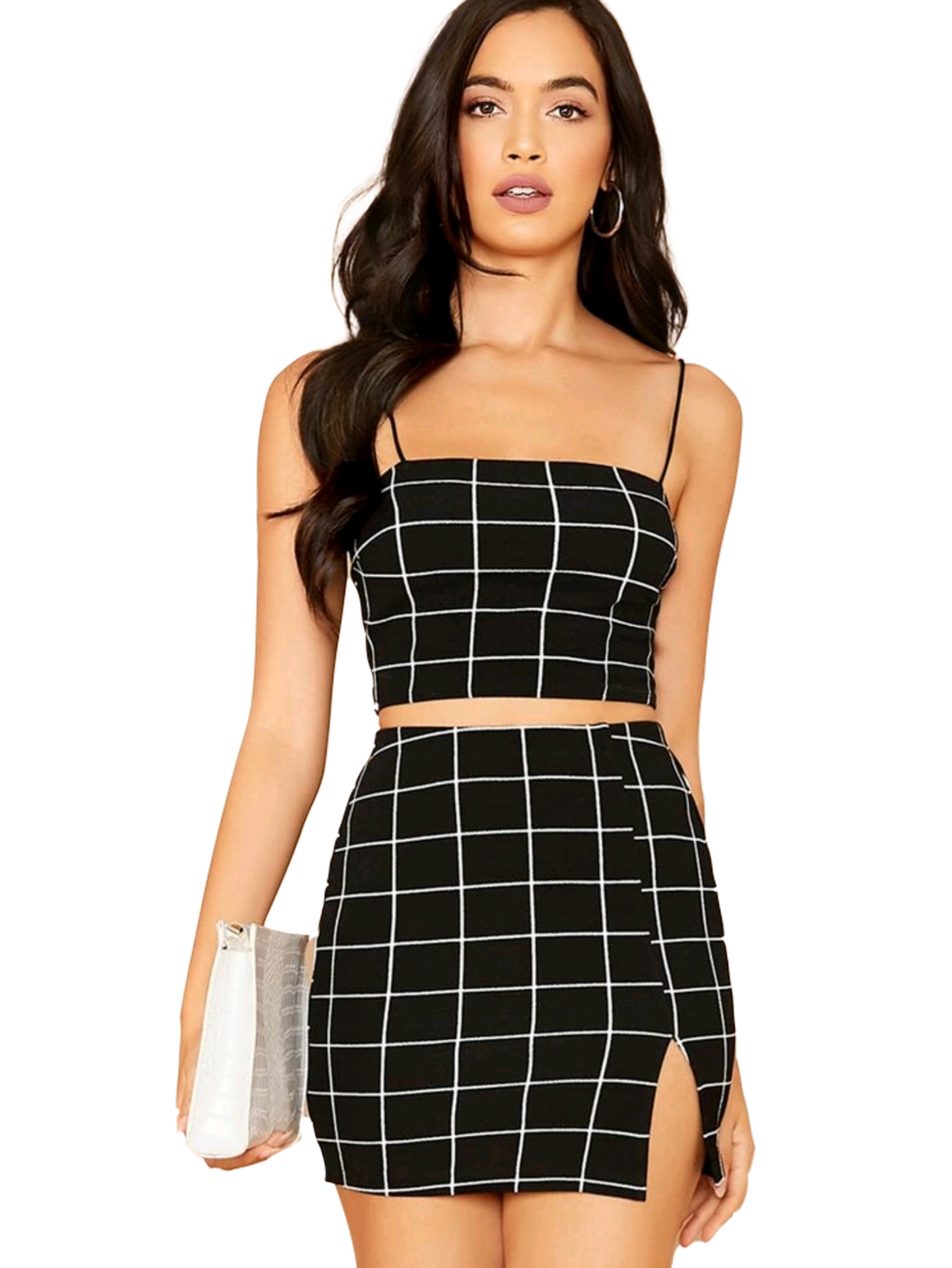 Conjunto top de tirante de cuadros con falda delgada bajo con abertura