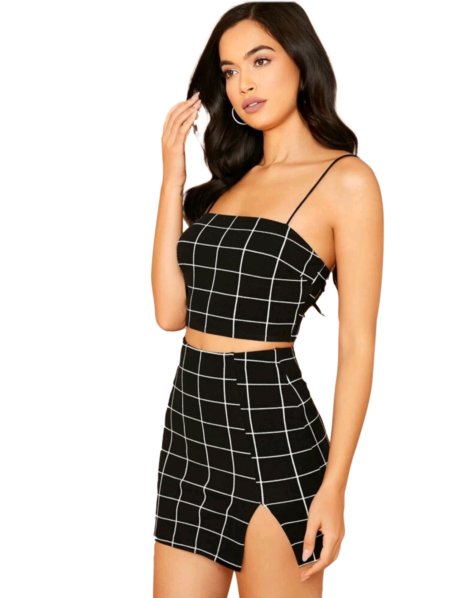 Conjunto top de tirante de cuadros con falda delgada bajo con abertura