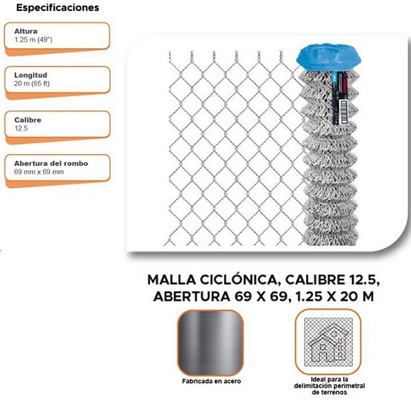 Malla Ciclónica Cal 12.5 Abertura 69x69 1.25x20m cercar  Industria Terreno Casa 