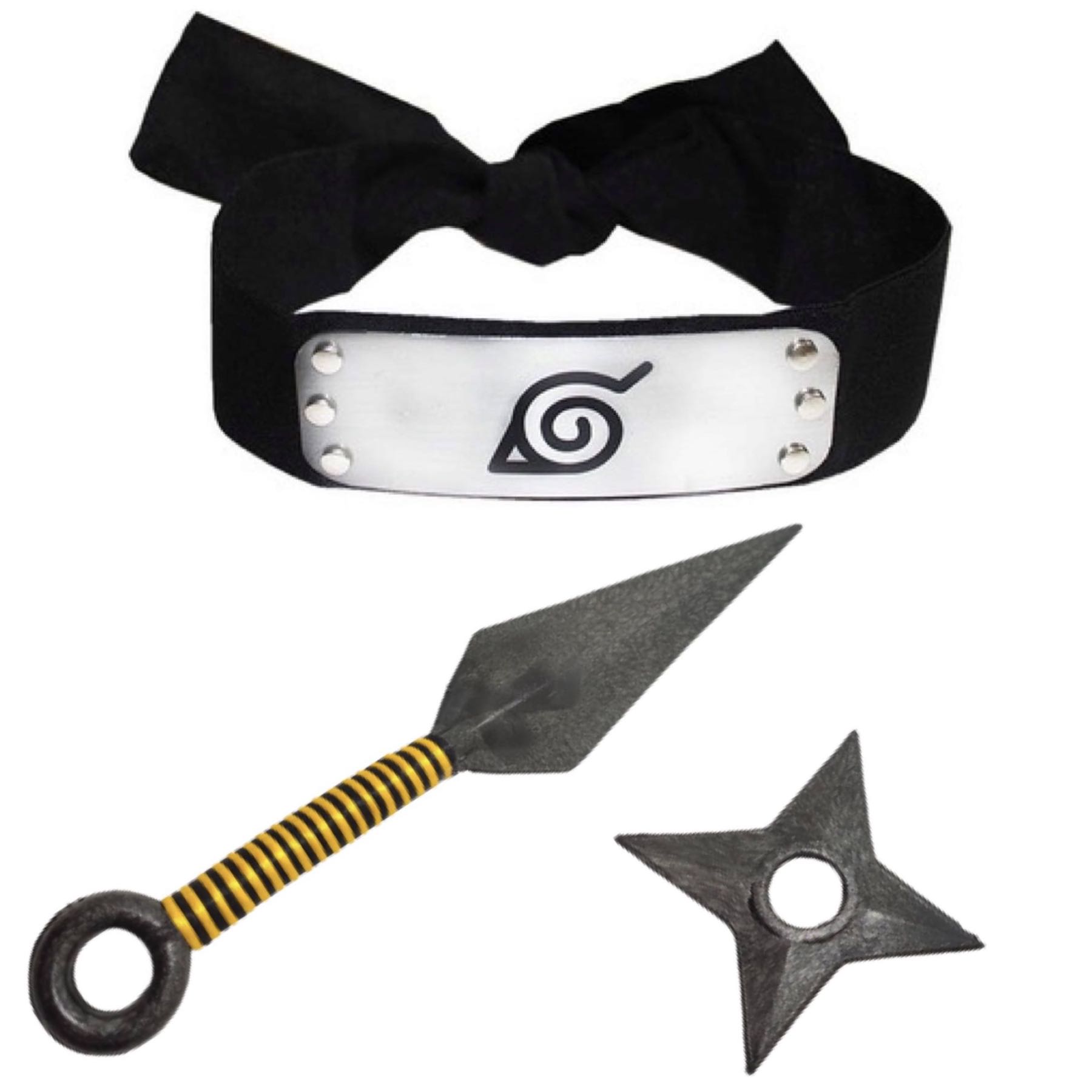 Cosplay Naruto Disfraz Clan Uzumaki Kit Combo 1 Banda Aldea Oculta de la Hoja, 1 Shuriken y 1 Kunai Konoha Ninja Sabio Nueve Colas