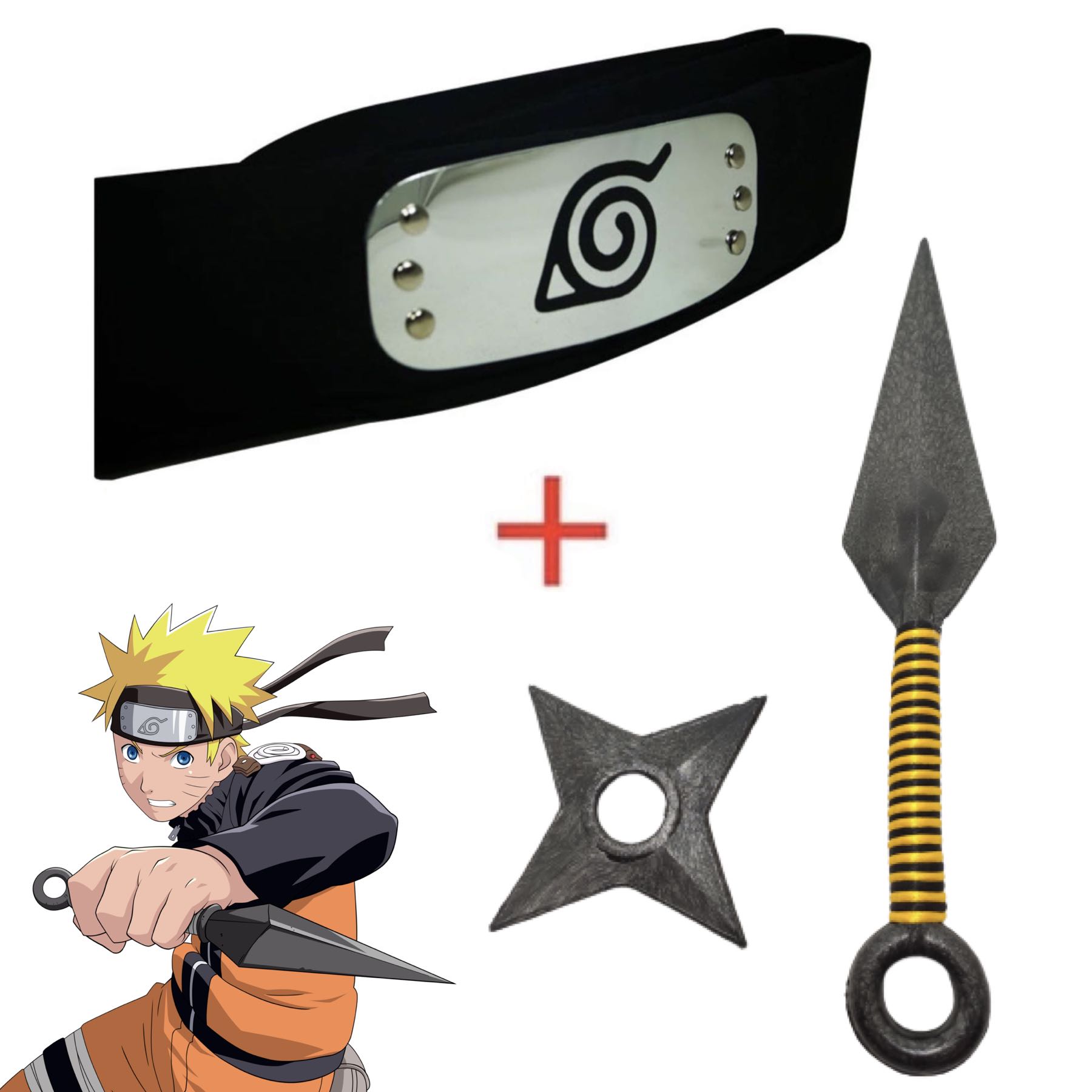 Cosplay Naruto Disfraz Clan Uzumaki Kit Combo 1 Banda Aldea Oculta de la Hoja, 1 Shuriken y 1 Kunai Konoha Ninja Sabio Nueve Colas