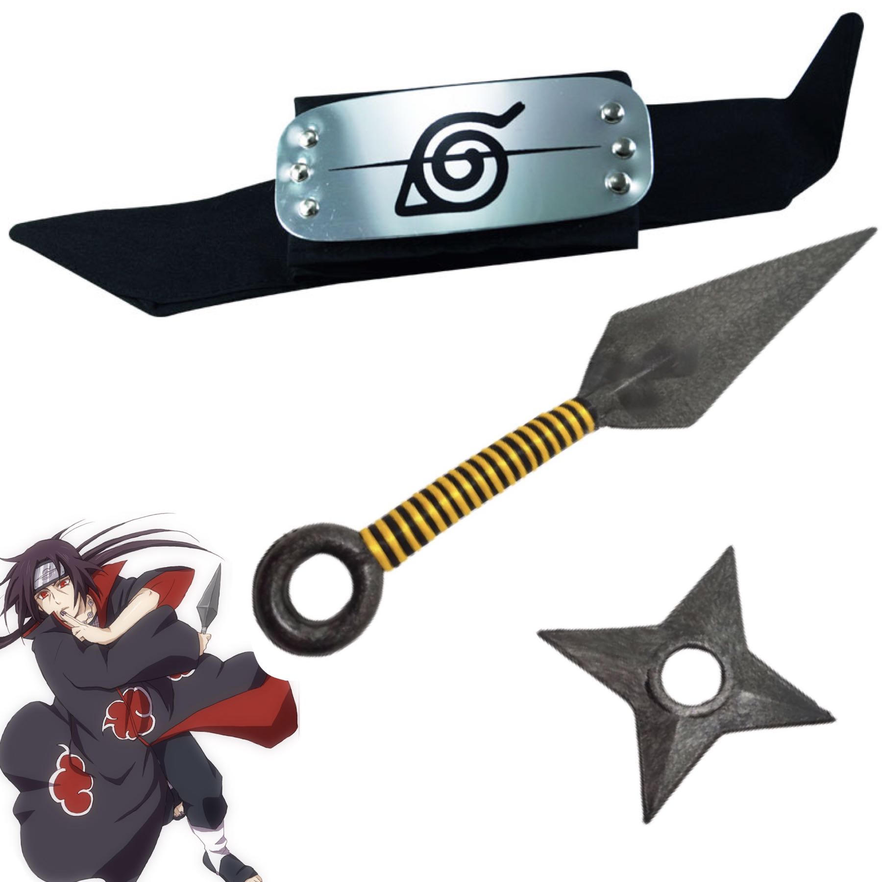 Cosplay Naruto Disfraz Itachi Clan Uchiha Kit Combo 1 Banda Aldea Oculta de la Hoja Renegado, 1 Shuriken y 1 Kunai Konoha Ninja Akatsuki