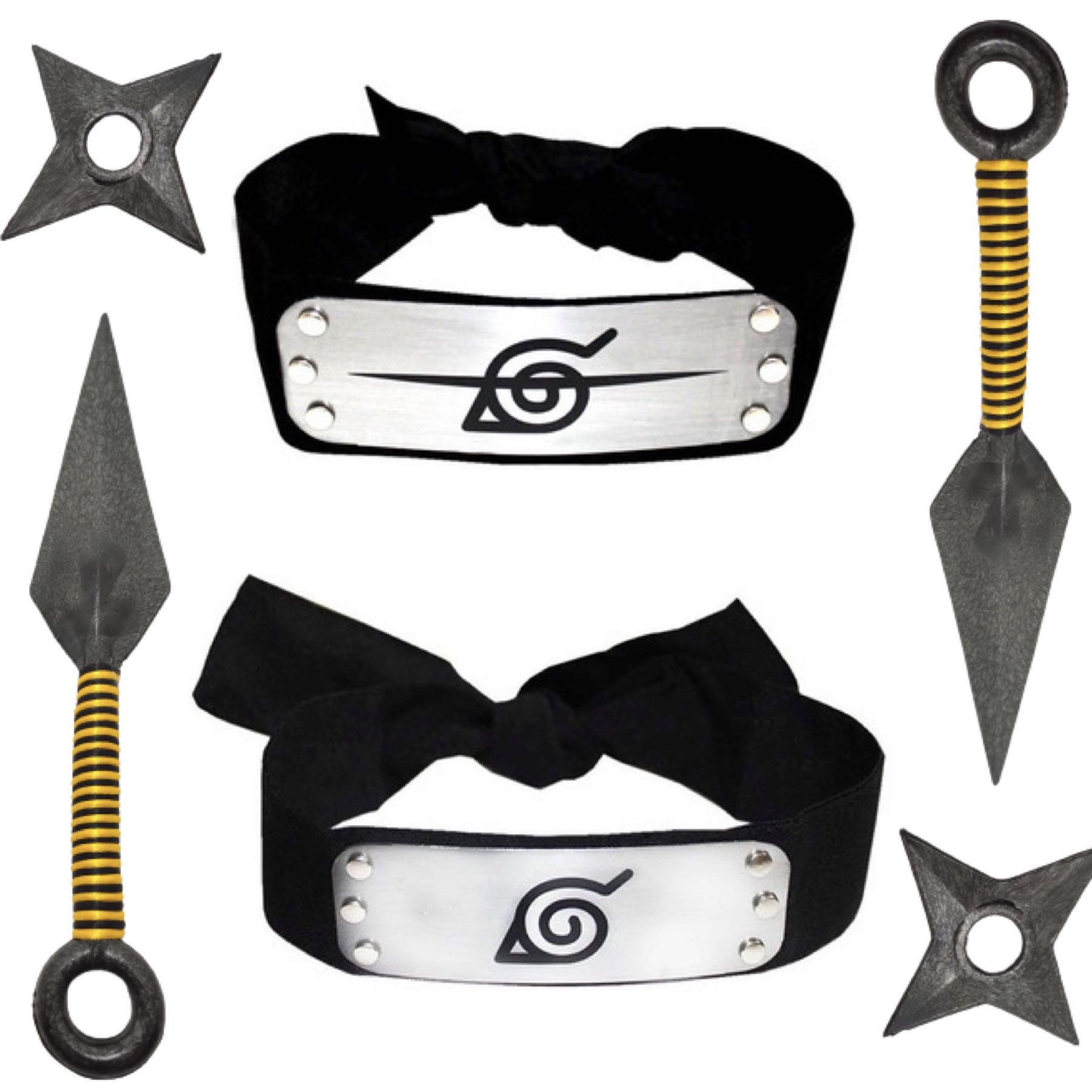 Cosplay Naruto Disfraz Kit Combo 1 Banda Aldea Oculta de la Hoja, 1 Banda Itachi Uchiha, 2 Shuriken y 2 Kunai Konoha Ninja Sabio Nueve Colas Akatsuki