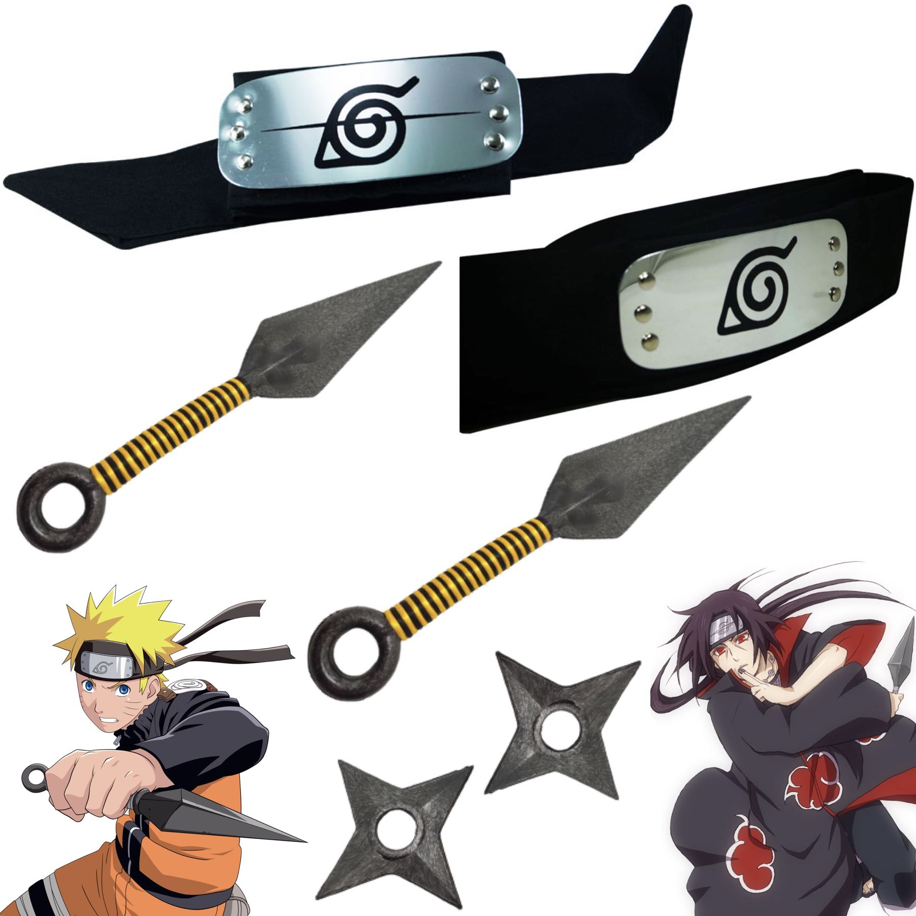 Cosplay Naruto Disfraz Kit Combo 1 Banda Aldea Oculta de la Hoja, 1 Banda Itachi Uchiha, 2 Shuriken y 2 Kunai Konoha Ninja Sabio Nueve Colas Akatsuki