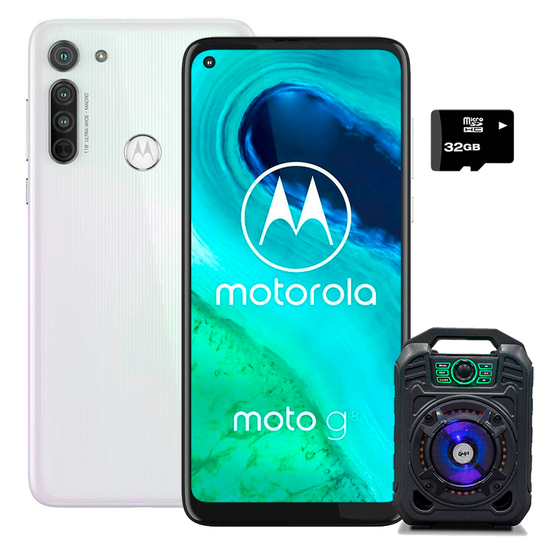 Celular Motorola Moto G8 4GB -64GB  - Blanco + Bocina + MicroSD 32GB