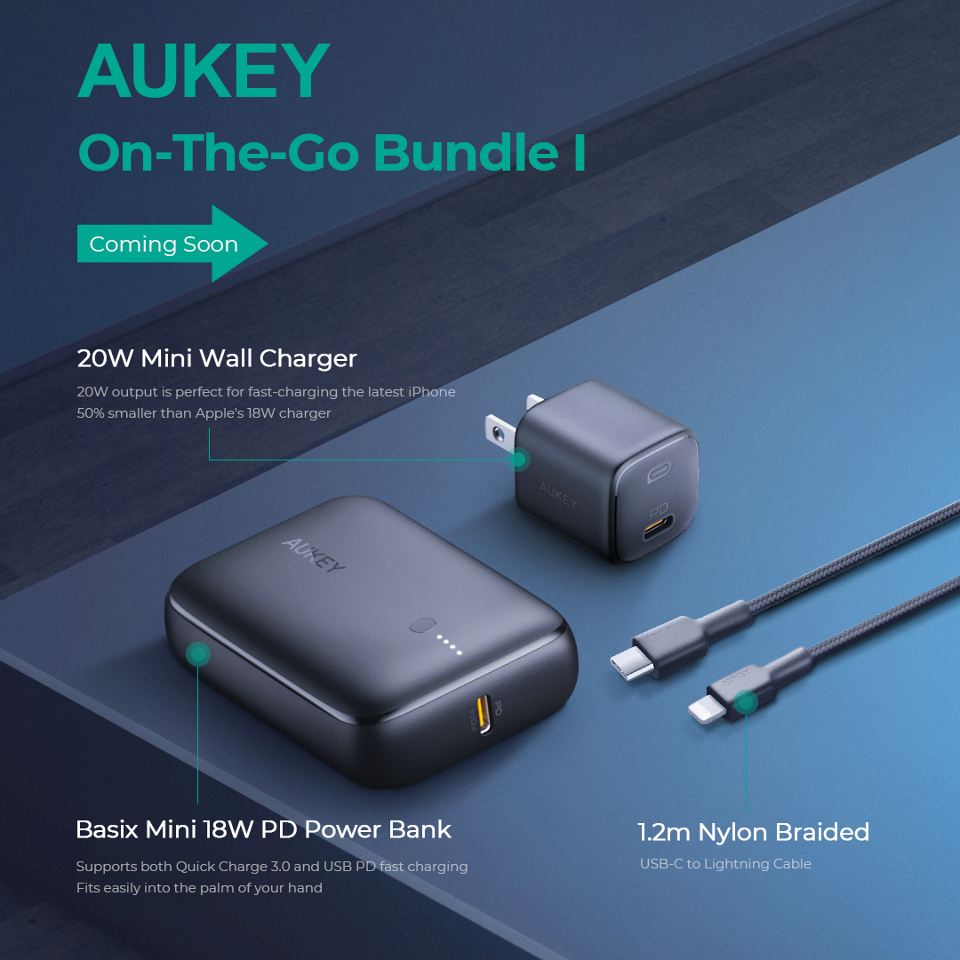 Combo Aukey Batería Portátil, Cargador 20W, Cable Lightning TK-2AR