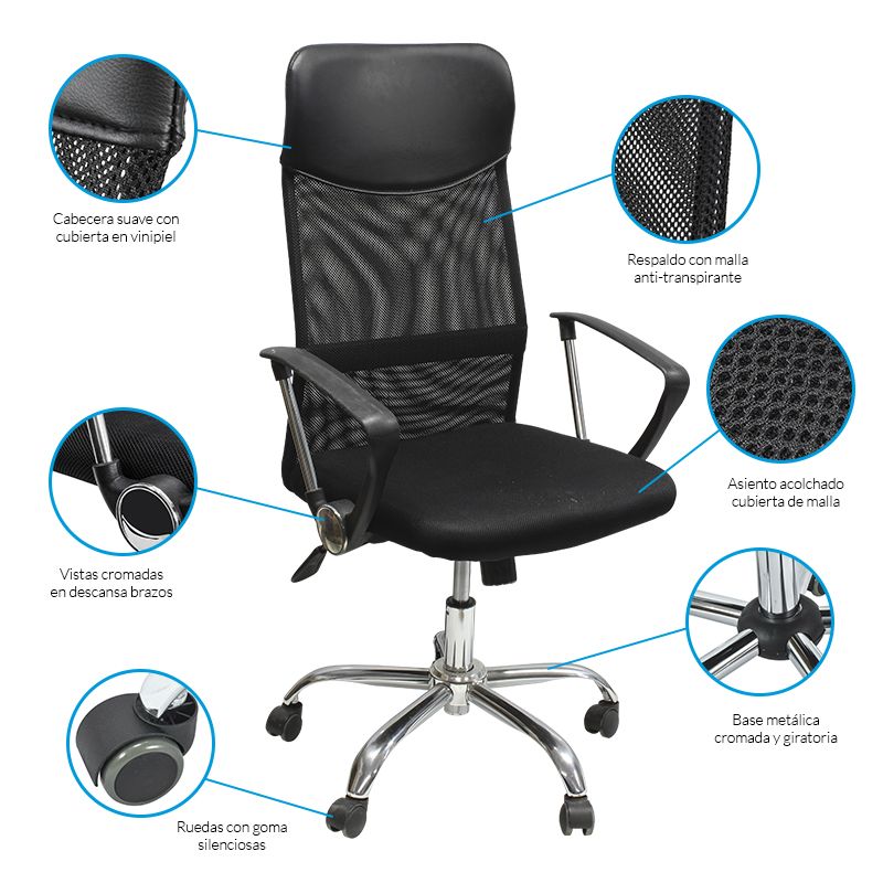 Silla Ejecutiva con Respaldo Alto De Malla Anti Transpiraste Base Metálica