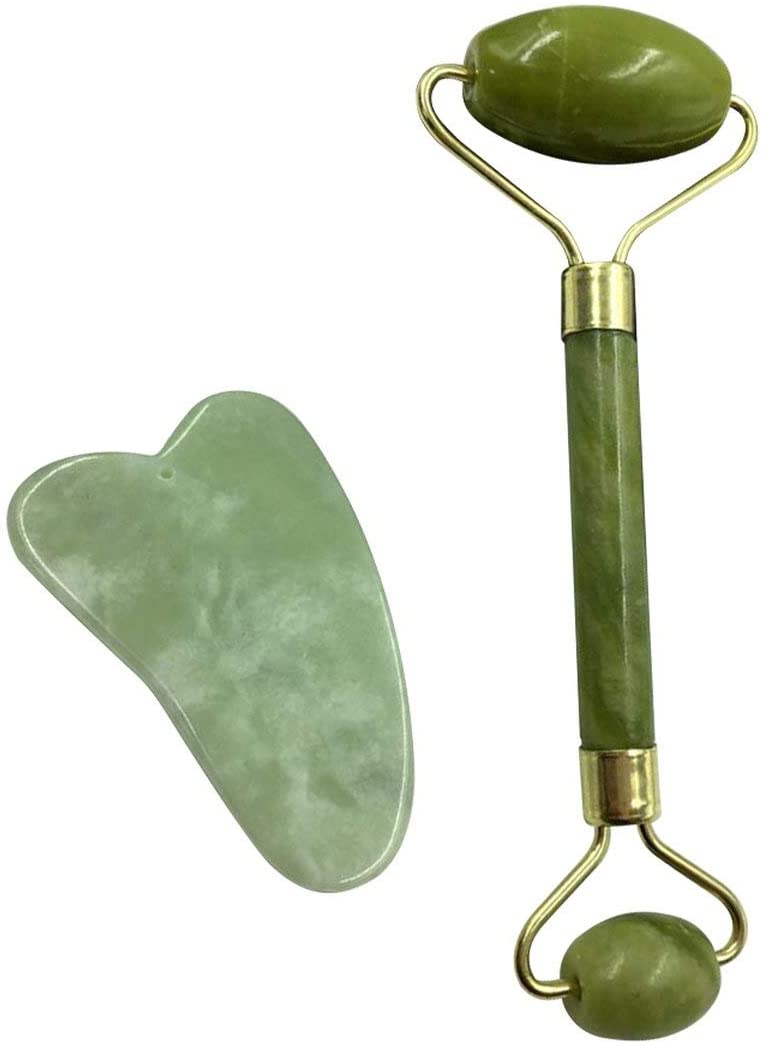  Kit masajeador de rodillo piedra plastica TECK TECK para masaje facial perfecto para belleza de cuello y cara, cuidado de la piel, incluye tablero gua sha.