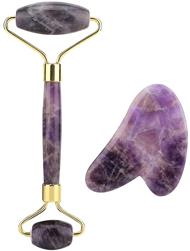  Kit masajeador de rodillo piedra plastica TECK TECK para masaje facial perfecto para belleza de cuello y cara, cuidado de la piel, incluye tablero gua sha.