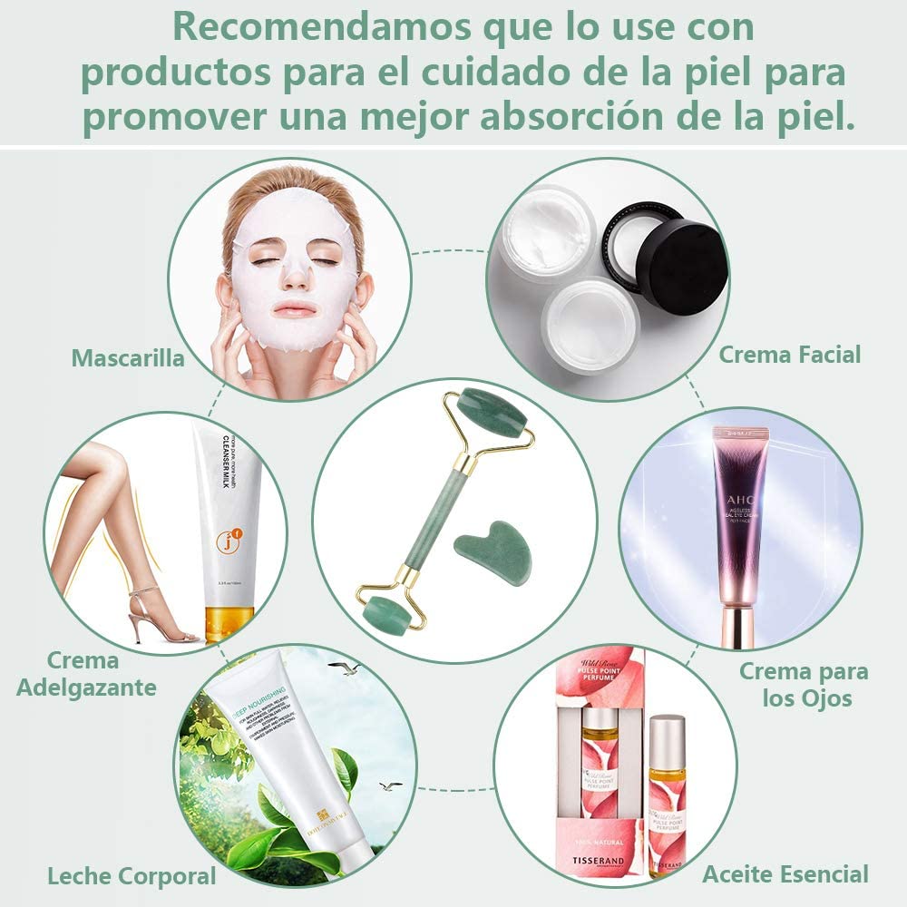 Kit masajeador de rodillo piedra plastica TECK TECK para masaje facial perfecto para belleza de cuello y cara, cuidado de la piel, incluye tablero gua sha.