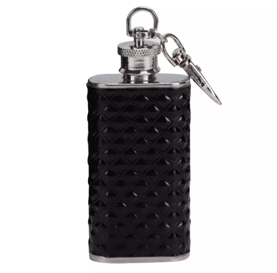 Llavero Licorera Anforita 2oz Piel Negro y Acero inox De Bolsillo