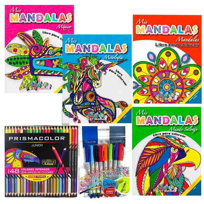 4 Libros Mandalas Anti Estres Colorear + Caja 48 Colores prismacolor