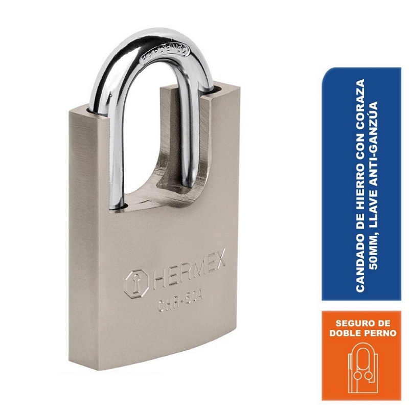 CANDADO DE SEGURIDAD HERMEX DE HIERRO CON CORAZA ANTI-GANZUA  2 LLAVES CHR-50 A 