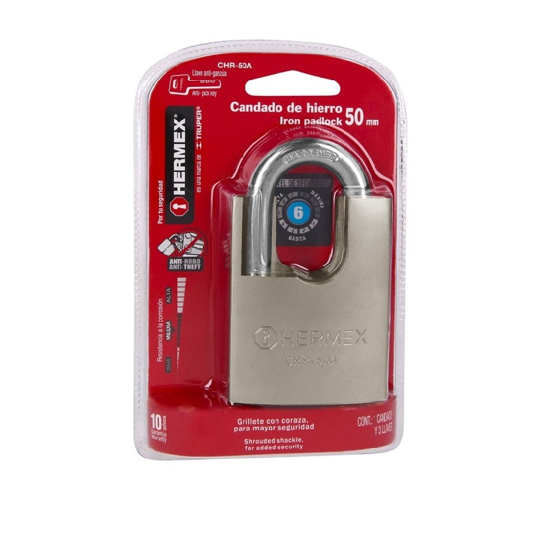 CANDADO DE SEGURIDAD HERMEX DE HIERRO CON CORAZA ANTI-GANZUA  2 LLAVES CHR-50 A 