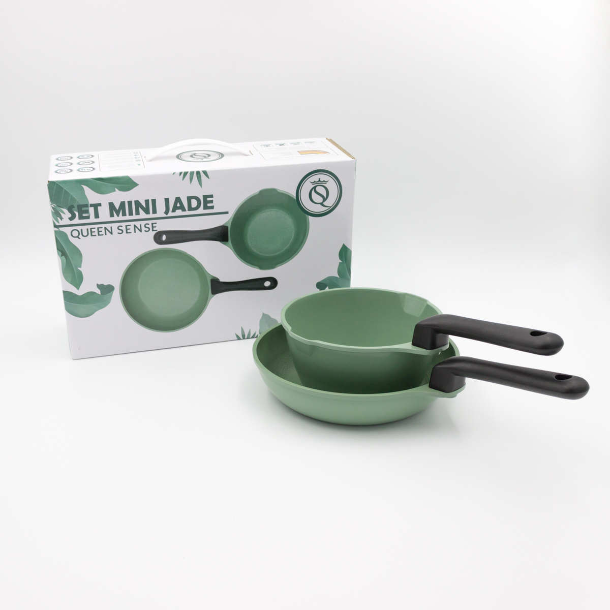 Set de 2 Ollas de Jade Mini QUEEN SENSE, Color Verde de 14 y 18 cm de Diámetro