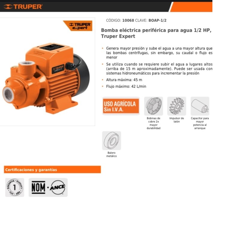 Bomba para Agua de 1/2 Hp Caballo Periférica Eléctrica sube 45 metros Motor Con Bobinas de Cobre Calidad Premium Truper