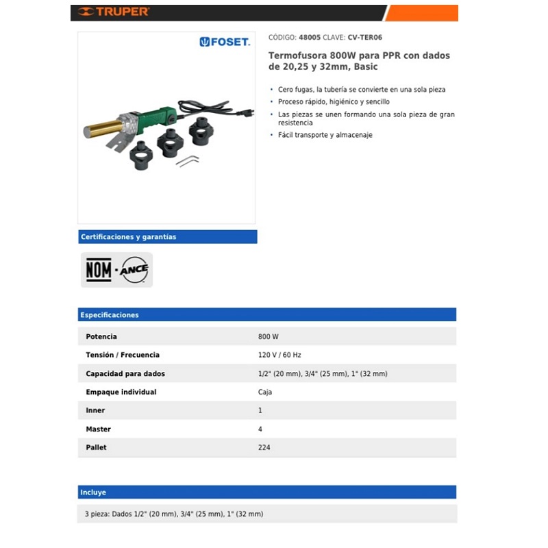 Termofusora de 800w para PPR y/o Tubo Plus con dados de 20,25y 32 mm ( 1/2 3/4 y 1) Maquina para Tubo Plus Foset Plomería