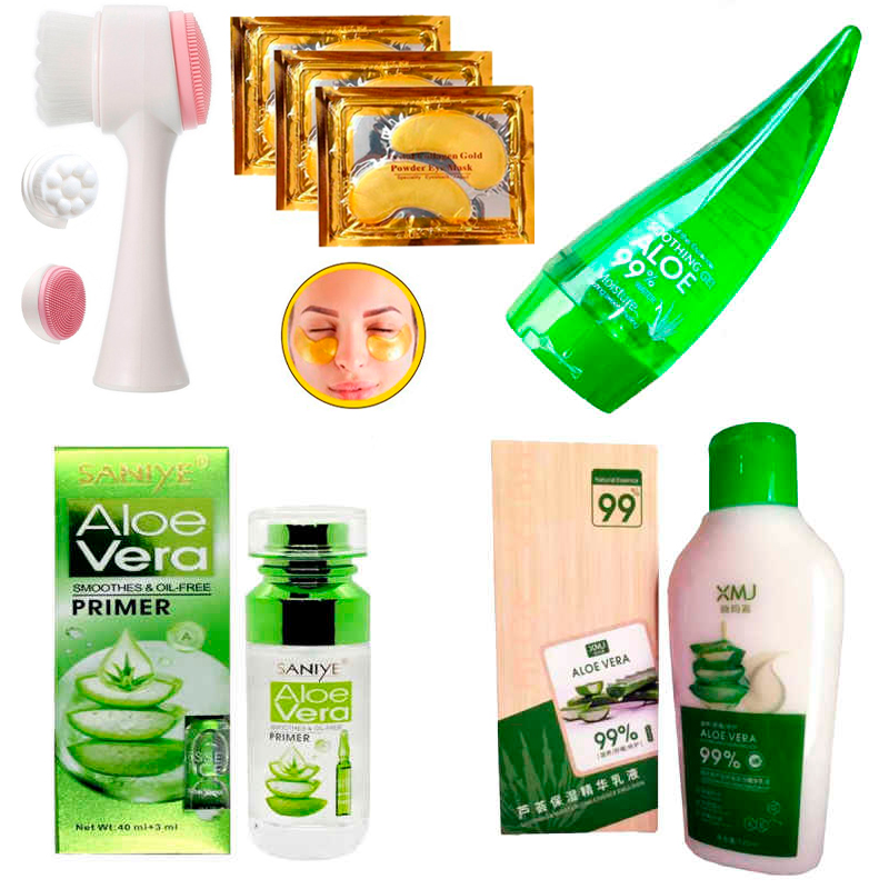 Set Aloe Vera-PRIMER SANIYE + Gel Refrescante Aloe Vera 99%+ Crema Hidratante Aloe Vera 99% + Cepillo Limpiador Facial + Regalo