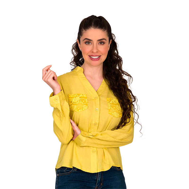 Camisa Moda Mujer Asimétrica Malla Bolsas Manga Larga V-k121
