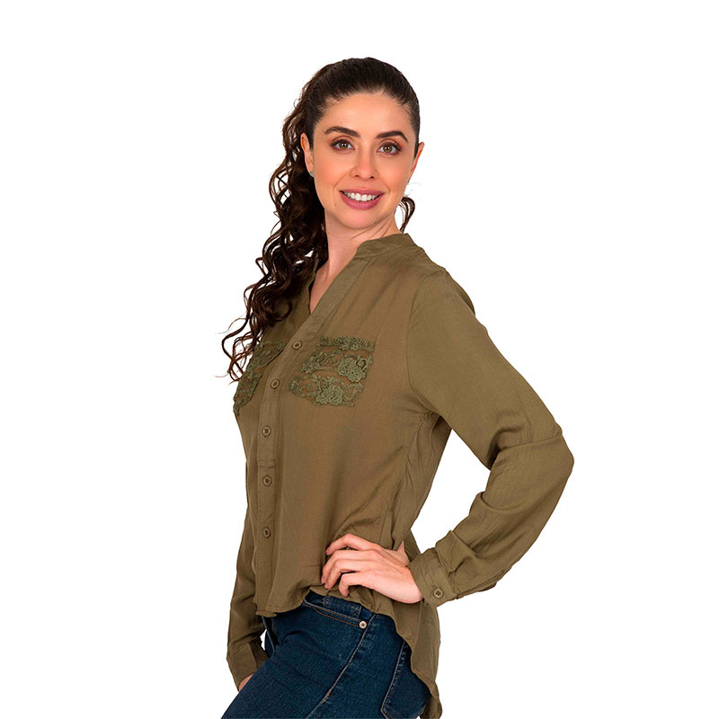 Camisa Moda Mujer Asimétrica Malla Bolsas Manga Larga V-k121