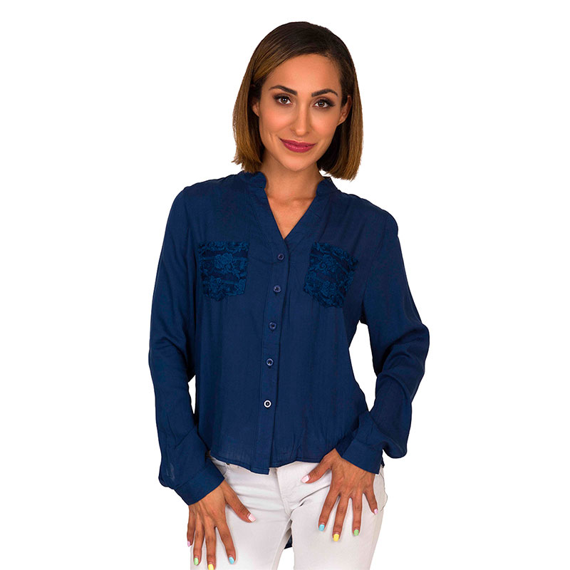 Camisa Moda Mujer Asimétrica Malla Bolsas Manga Larga V-k121