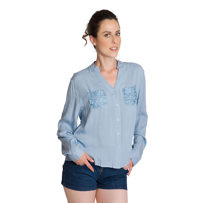 Camisa Moda Mujer Asimétrica Malla Bolsas Manga Larga V-k121