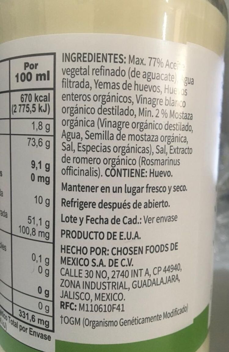 Chosen Foods, Mayonesa De Aguacate 710ml, Sin Gluten