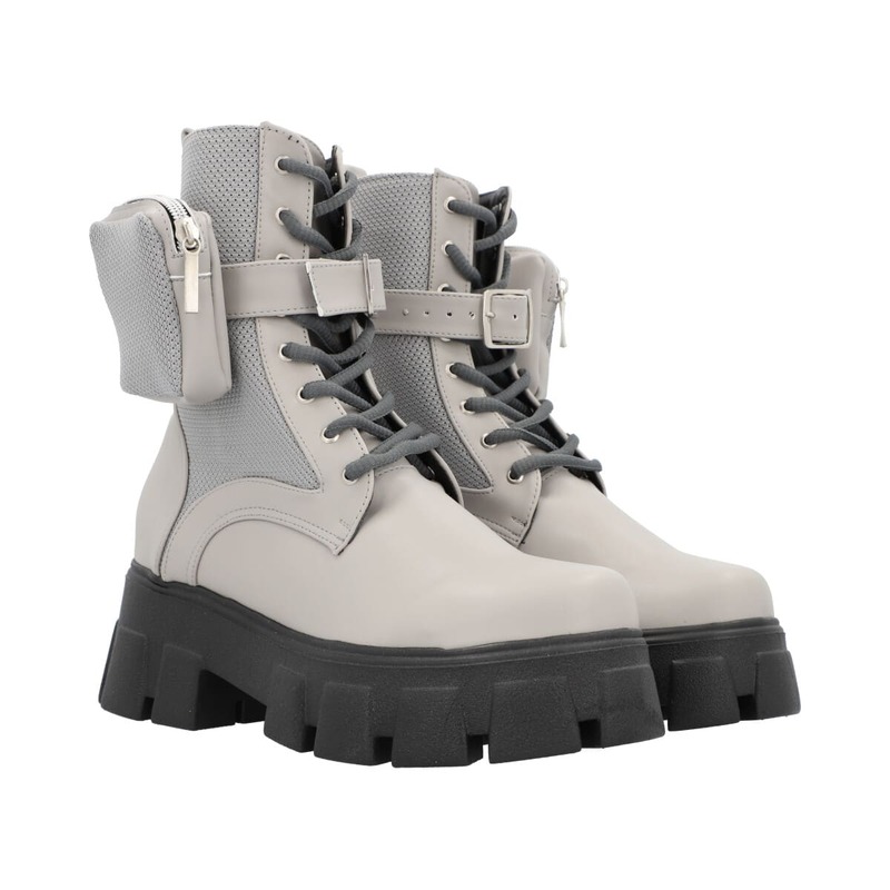 Bota Combat Suela Gruesa Track Con Bolsita De Cierre Para Mujer Color Gris Cemento