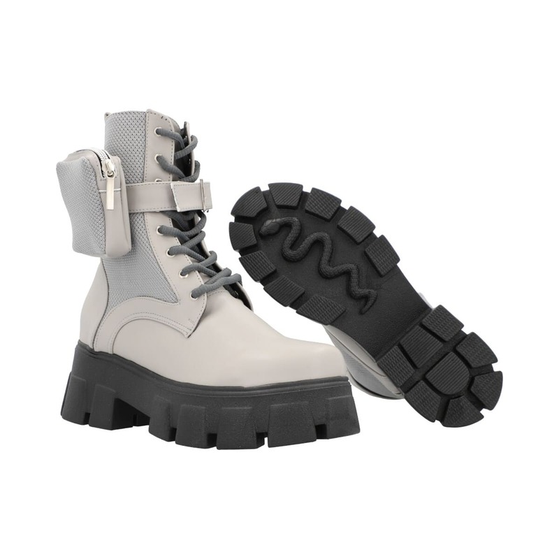 Bota Combat Suela Gruesa Track Con Bolsita De Cierre Para Mujer Color Gris Cemento