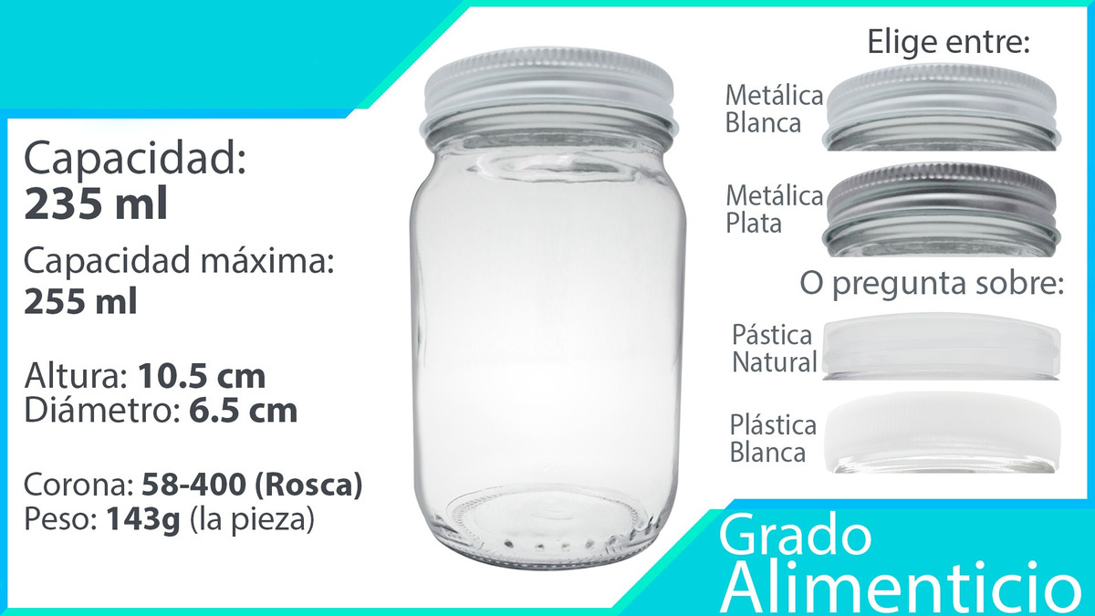 Frasco De Vidrio Conserva Tapa Rosca 235 Ml 8 Oz 30 Piezas tapa blanca