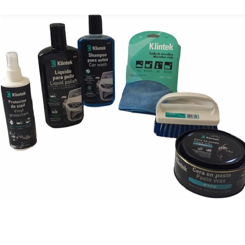 KIT CUIDADO LIMPIEZA DE CARRO AUTO INCLUYE 6 PRODUCTOS SHAMPOO-CERA EN PASTA-PARA PULIR -PROTECTOR DE VINIL