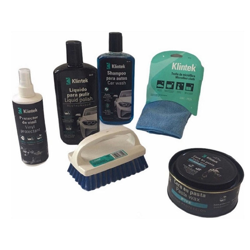 KIT CUIDADO LIMPIEZA DE CARRO AUTO INCLUYE 6 PRODUCTOS SHAMPOO-CERA EN PASTA-PARA PULIR -PROTECTOR DE VINIL