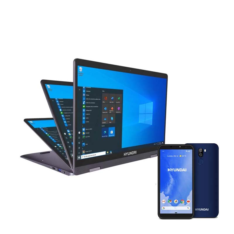 Laptop Hyundai HyFlip, 14, Intel Celeron, 4GB, 64GB, Windows 10 Home, Space Grey + Celular Hyundai Eternity G57L, Azul