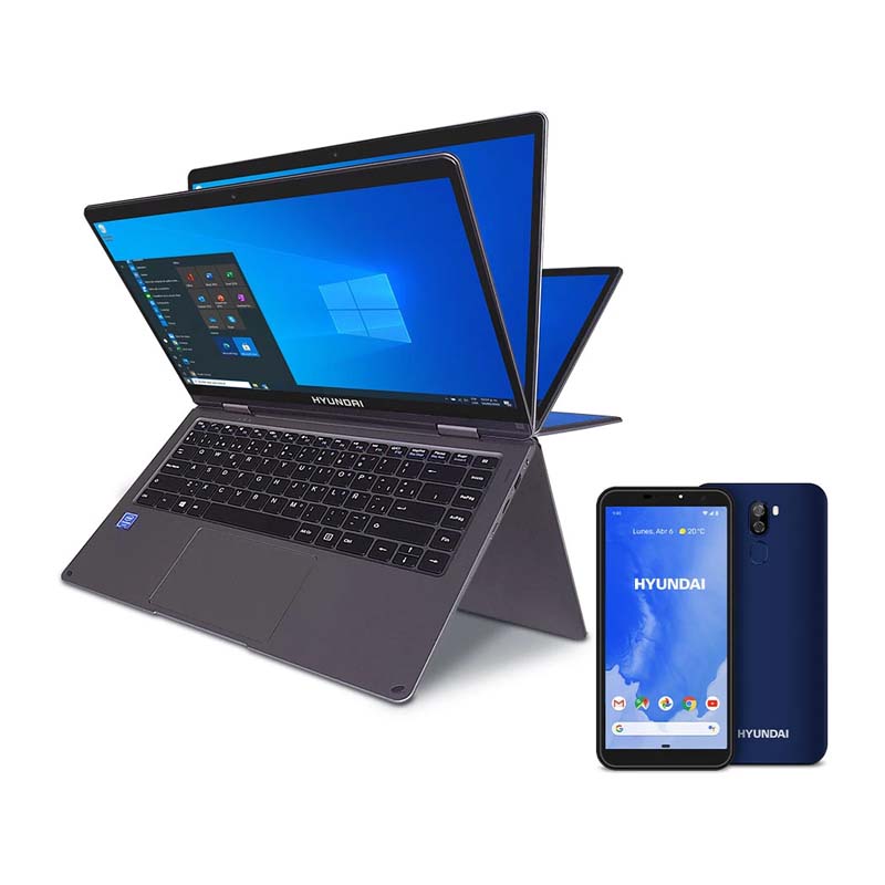 Laptop Hyundai HyFlip, 14, Intel Celeron, 4GB, 64GB, Windows 10 Home, Space Grey + Celular Hyundai Eternity G57L, Azul