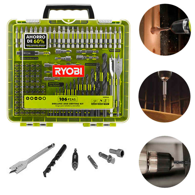 Kit de 106 Piezas Para Atornillar y Taladrar Ryobi Puntas Y Brocas Para Perforar Madera Plástico Y Metal