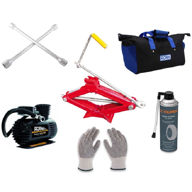 Gato Tipo Tijera + Kit Automotriz ( Cables, Llave cruz, Maleta, Minicompresor) + Guante y Inflador Gratis