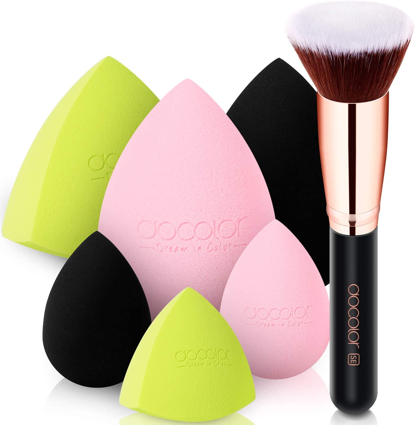 Docolor 6 + 1 esponjas de maquillaje con cepillo de base, brocha Kabuki de parte superior plana y esponja de belleza multicolor sin látex para líquido, crema y polvo, pulido, mezcla, base de cobertura completa