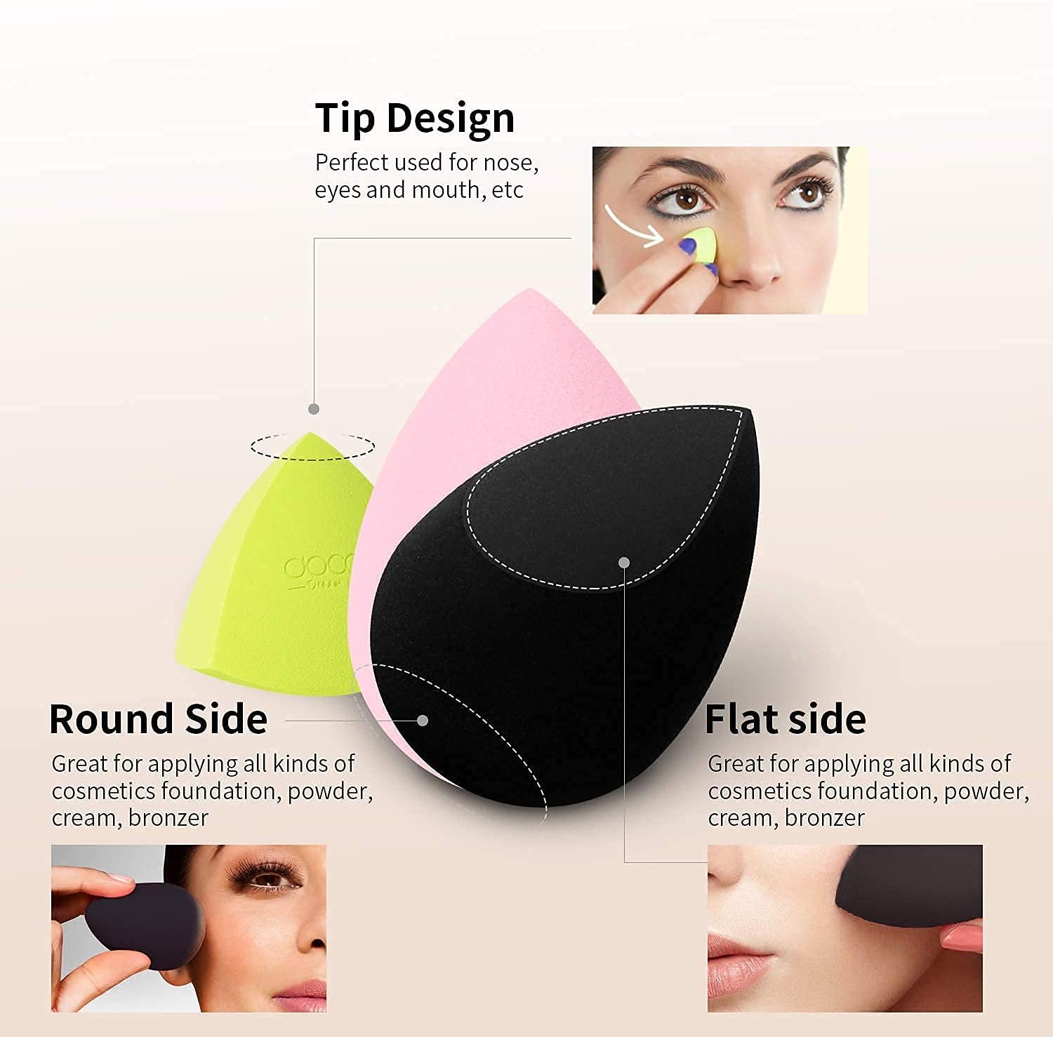 Docolor 6 + 1 esponjas de maquillaje con cepillo de base, brocha Kabuki de parte superior plana y esponja de belleza multicolor sin látex para líquido, crema y polvo, pulido, mezcla, base de cobertura completa