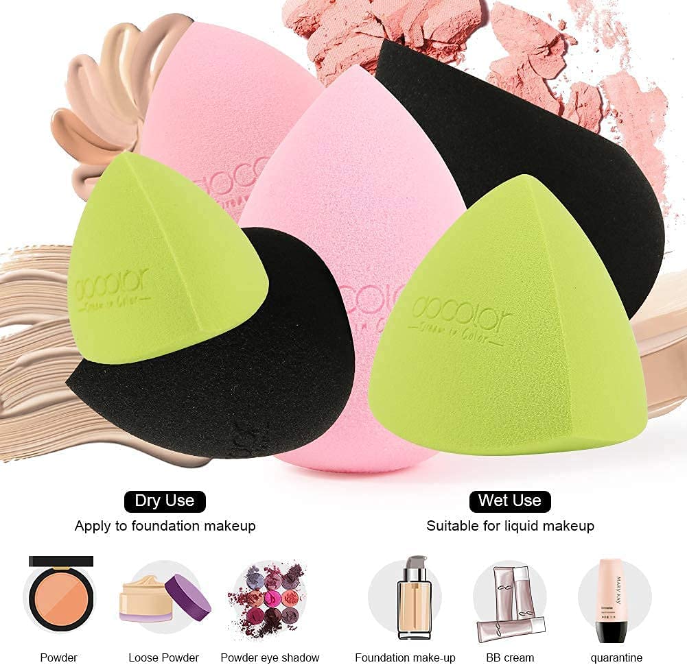 Docolor 6 + 1 esponjas de maquillaje con cepillo de base, brocha Kabuki de parte superior plana y esponja de belleza multicolor sin látex para líquido, crema y polvo, pulido, mezcla, base de cobertura completa