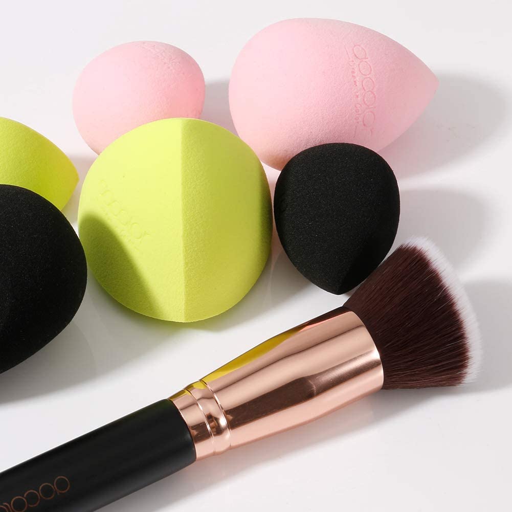 Docolor 6 + 1 esponjas de maquillaje con cepillo de base, brocha Kabuki de parte superior plana y esponja de belleza multicolor sin látex para líquido, crema y polvo, pulido, mezcla, base de cobertura completa