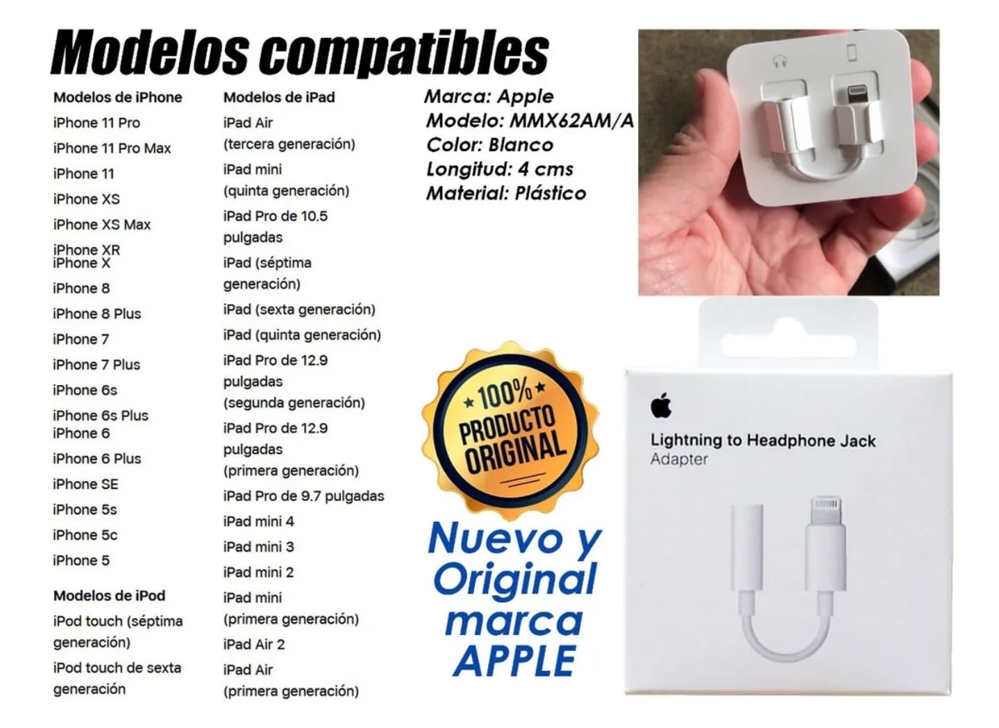 Conector Adaptador Lightning a 3.5mm Auxiliar Compatible con iPhone y iPad Certificado MFI Original