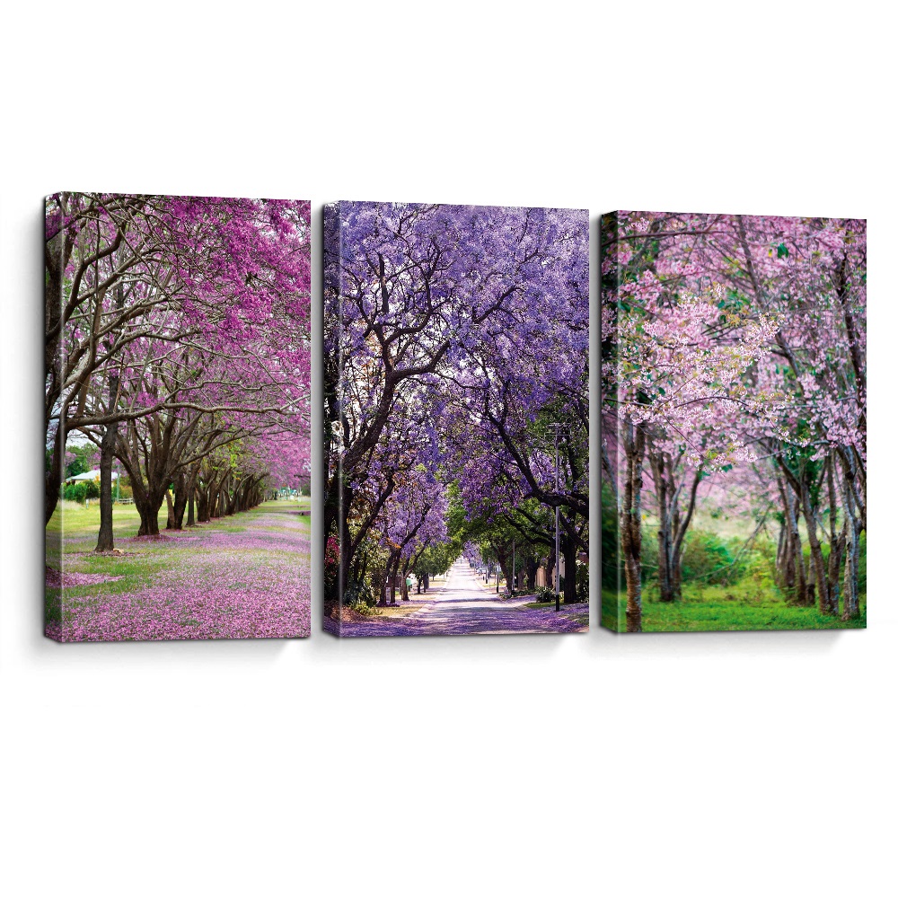 Cuadros Decorativos Follaje en Tonos Morados y Rosas MobileCity Set 3 piezas 40 x 60