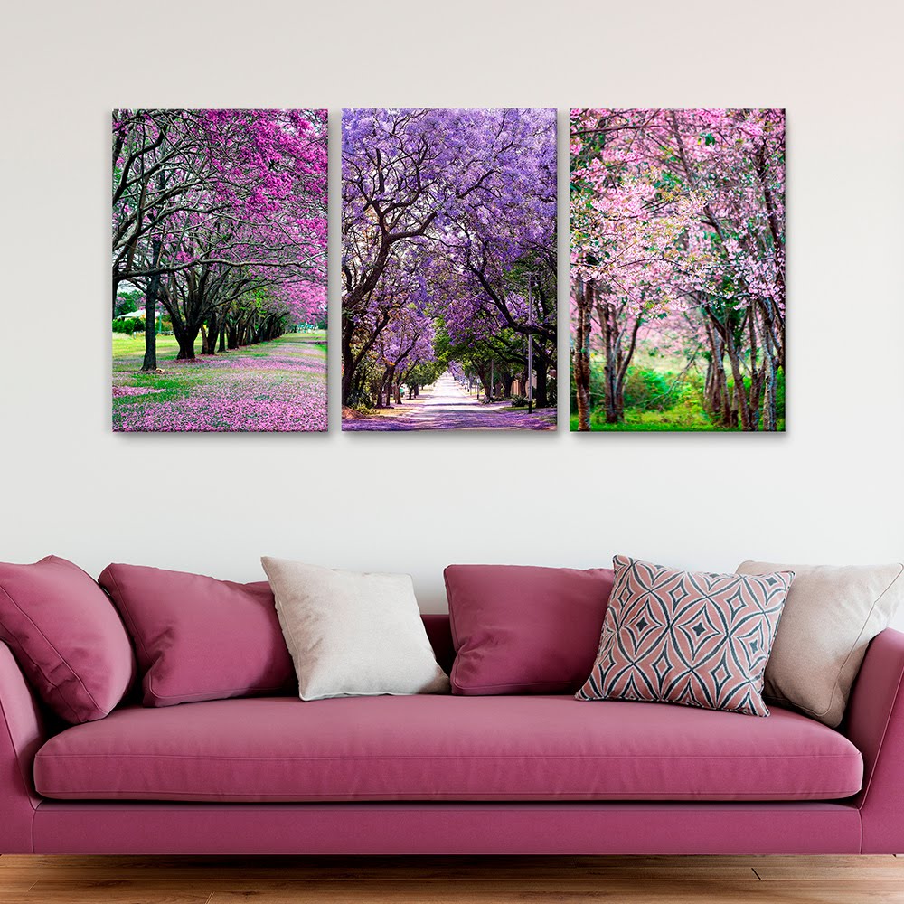 Cuadros Decorativos Follaje en Tonos Morados y Rosas MobileCity Set 3 piezas 40 x 60