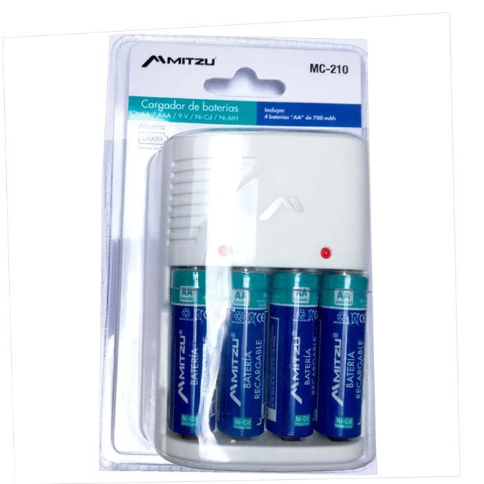 Cargador + 4 Pilas Recargables Doble Aa Ni-cd 1.2v mitzu