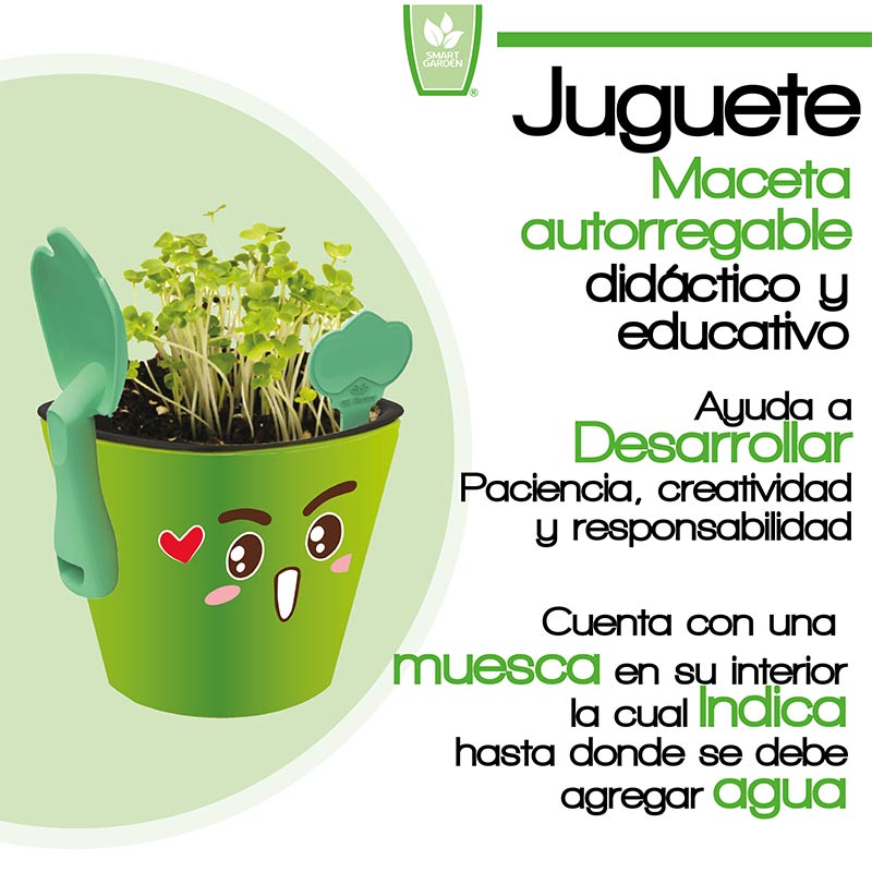 Kit educativo juguete didáctico para niños Aprendizaje de vocabulario inglés español, Germinación de plantas comestibles Maceta autorregable Kid planter SMART GARDEN Verde No incluye semillas.